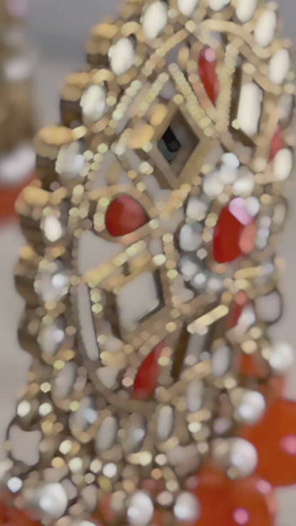 Ayura Designs Heer Tikka Set with Jhumkis – Carnelian Orange, Mirror & Polki Stonework