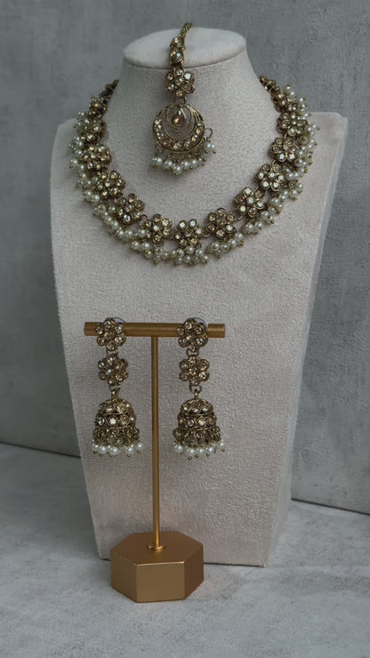 Ayura Designs Asima Set with Jhumkis & Tikka - Handcrafted Gold-tone Necklace, Cream-coloured Beads & Stones