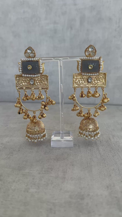 Ayura Designs Bano Earrings – Handcrafted Brass Jhumka Earrings with Carved Grey Stone, Floral Engraving & Pearl Drops