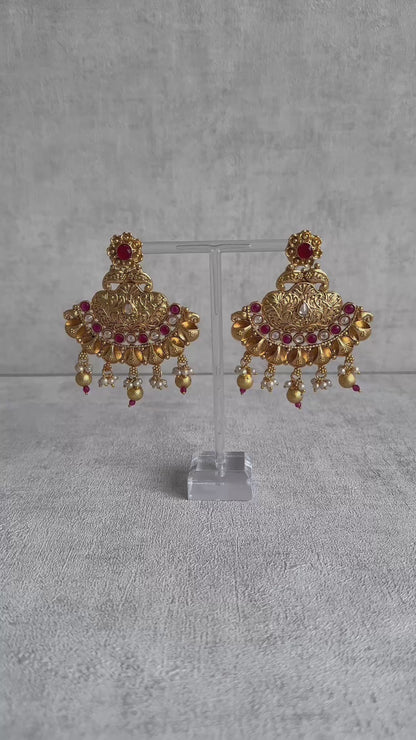 Ayura Designs Neera Earrings in Antique Gold with Red Glass Stones, Mirror-Cut Polki & Pearls