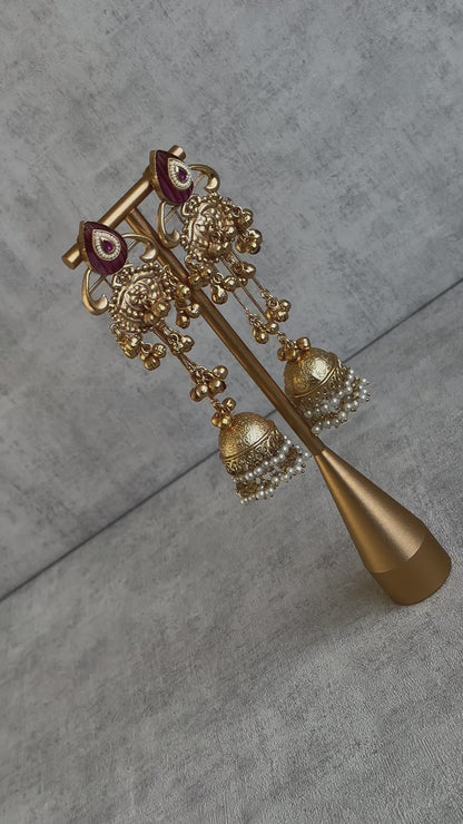 Ayura Designs Prisha Earrings – Antique Gold Jhumkas with Ruby Red Studs, Pearl Detailing & Long Dangling Chains