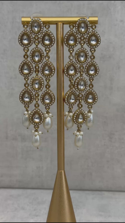 Ayura Designs Mia Earrings – Handcrafted Gold-Toned Cascading Earrings with Clear Kundan Stones, Pearl Accents & Elegant Drop Detailing