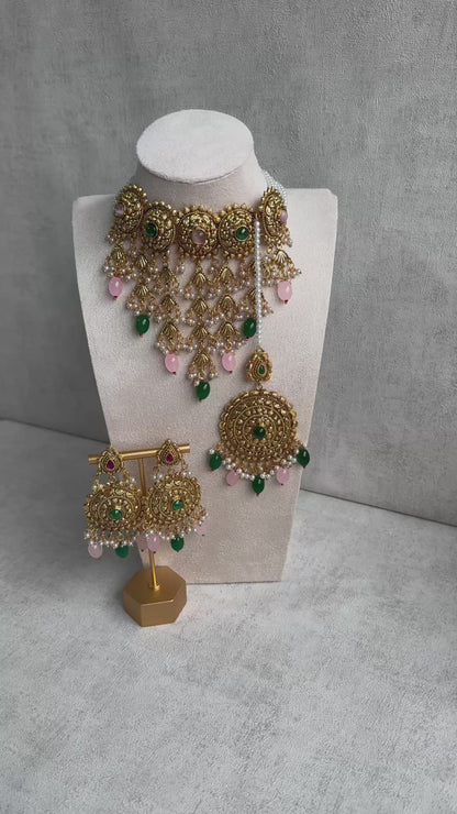 Ayura Designs Zahara Choker Set with Earrings & Tikka – Exquisite Gold Adorned with Pink & Green Gemstones