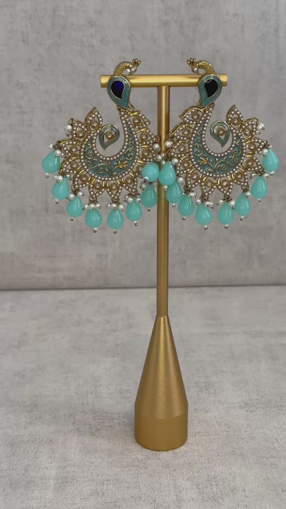 Ayura Designs Moorni Earrings – Peacock-Inspired Chandbalis with Aqua Blue Meenakari, Kundan, and Pearl Accents